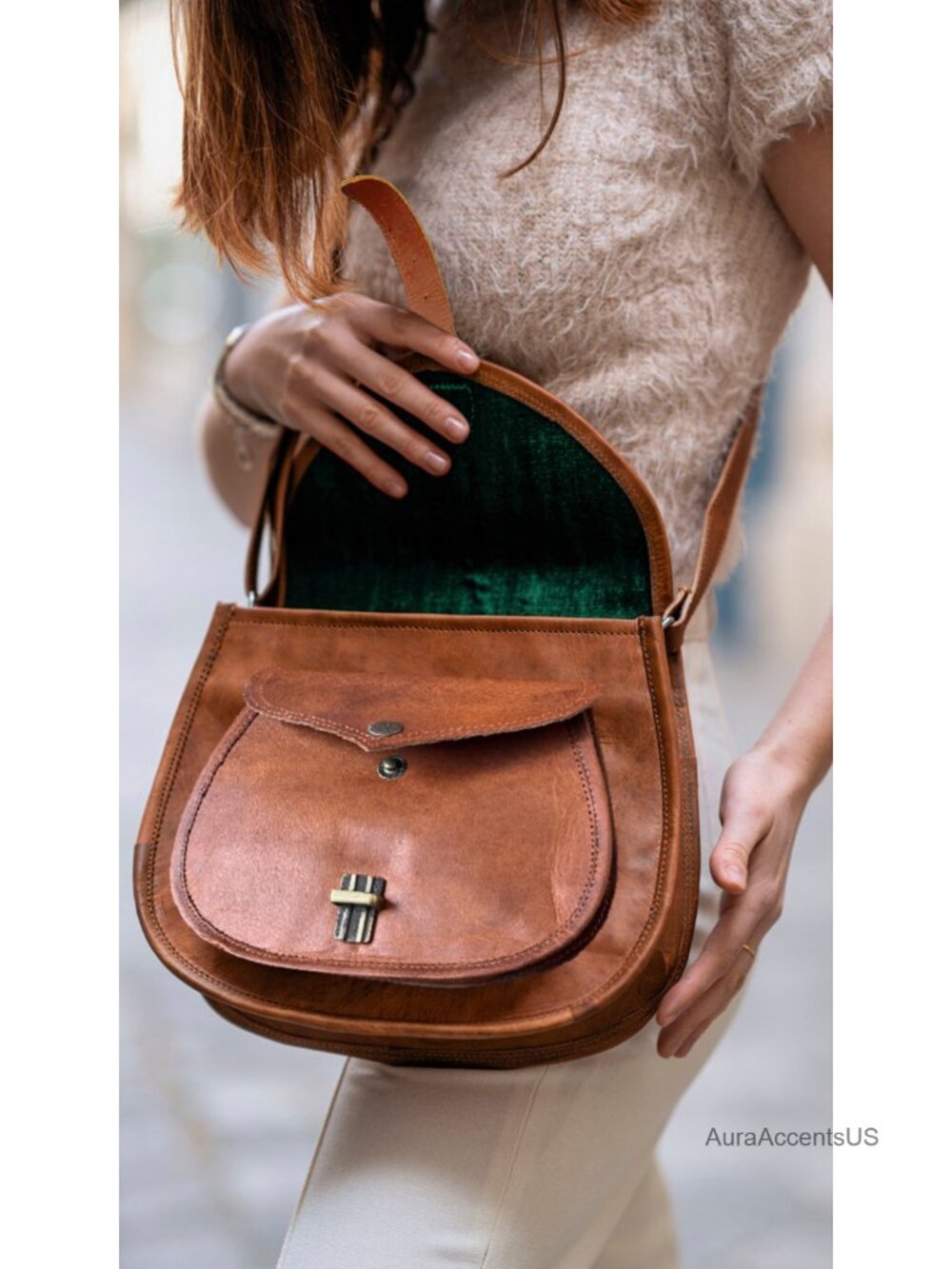 Full-Grain Goat Leather Crossbody Bag Vintage Satchel Travel Saddle Purse - Picture 6 of 6